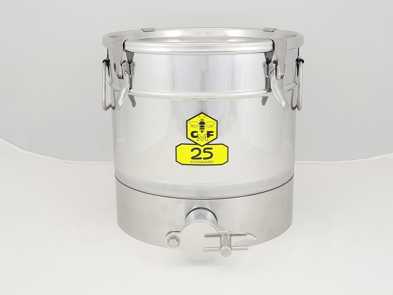 CFM-Abfüllbehälter 25 kg (4 Spannverschlüsse) mit Befestigungsmöglichkeit für Honigabfüller