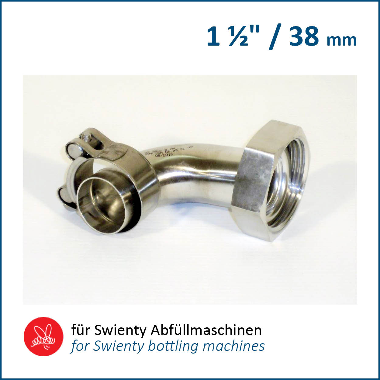 BS nozzle 1 1/2" bent with union nut, fits Dana api Matic 1000