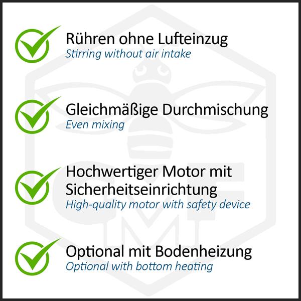 CFM-Honigrühr- und Mischgerät für 50kg mit Motor 90W, Quetschhahn und Steckdosenzeitschaltuhr