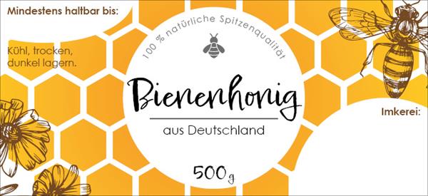 Etikett "Bienenhonig aus Deutschland" (gummiert) 500 g Etikett "Bienenhonig aus Deutschland" (gummiert) 500 g